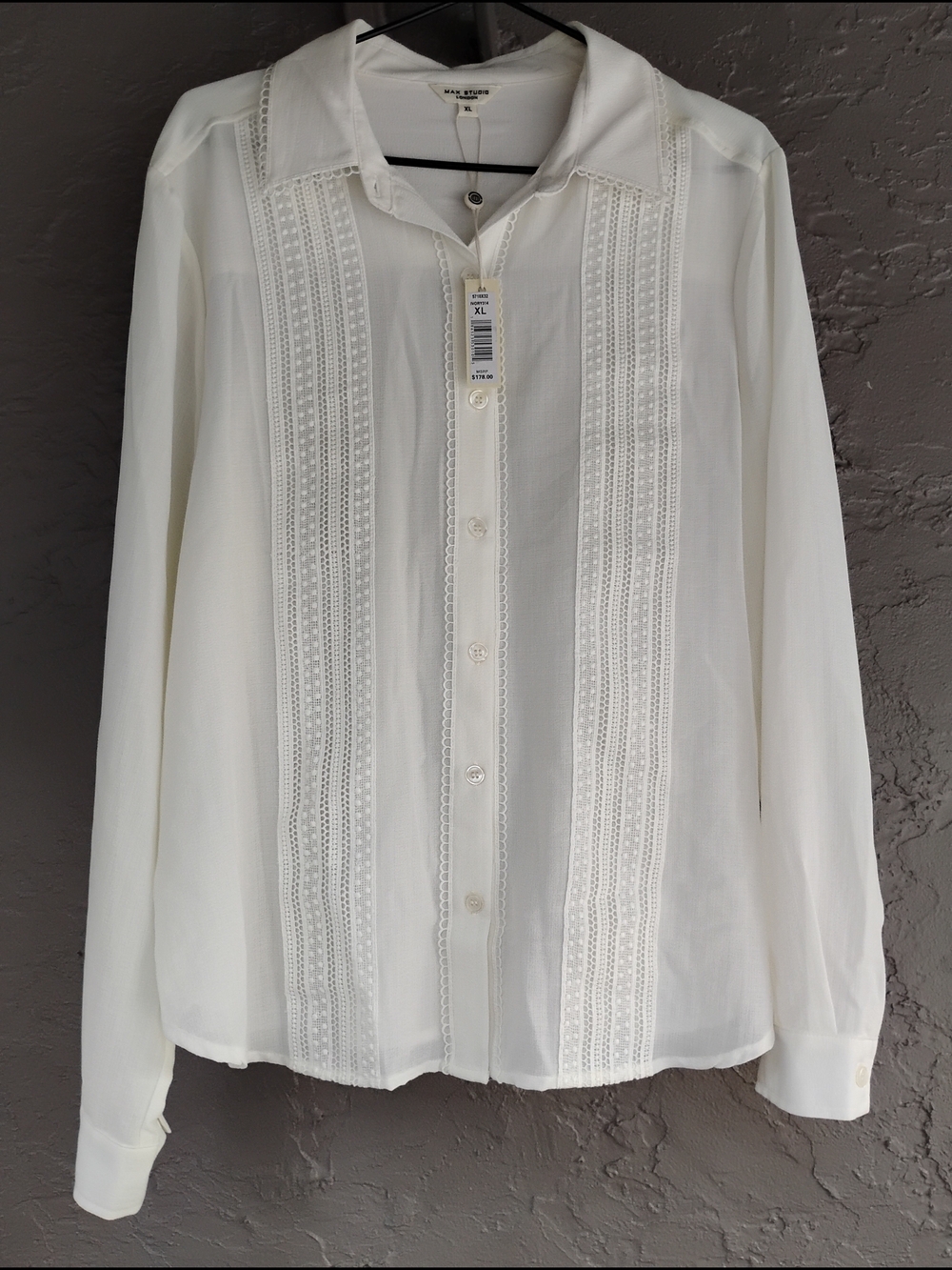 $178 Max Studio Women's Ivory Lace Panel Long Sleeve Blouse Size XL